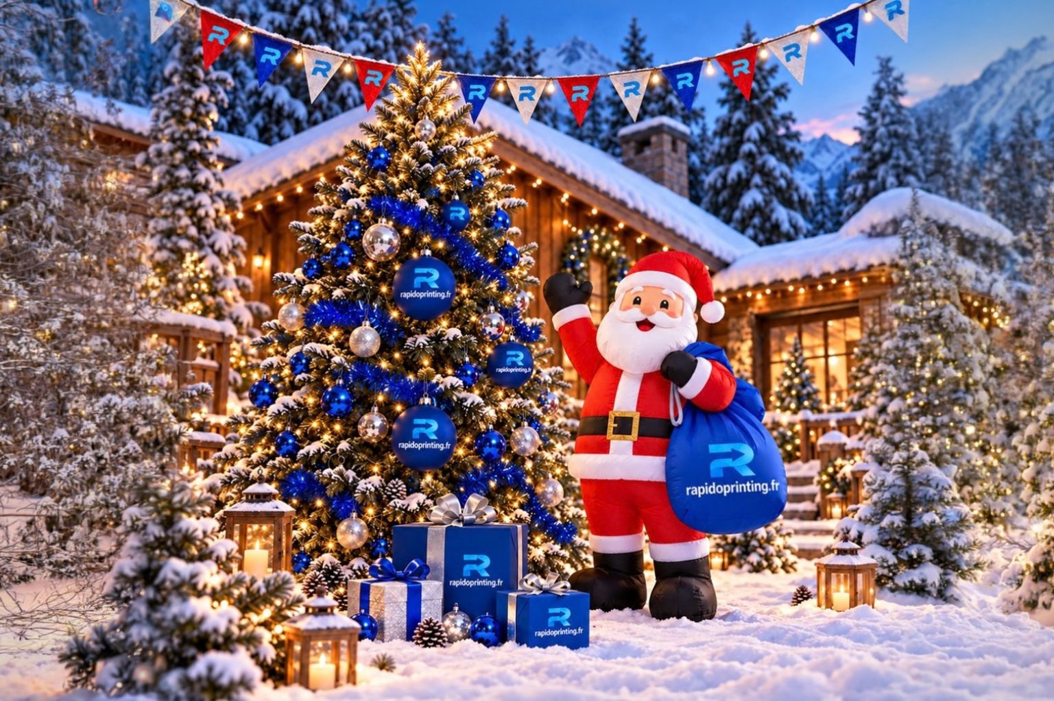 Boules de Noël et Père Noël gonflable personnalisés avec logo pour une décoration de Noël professionnelle