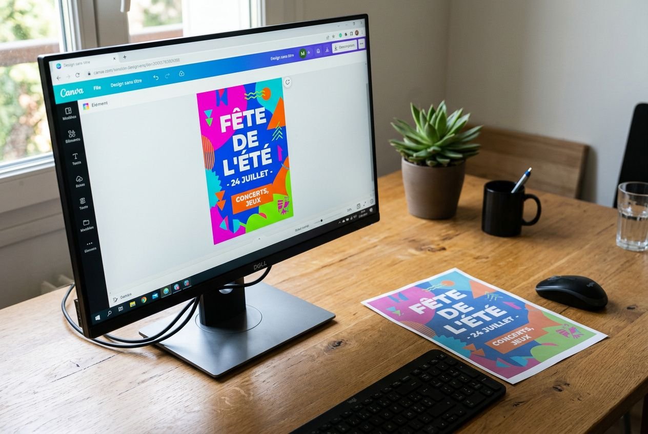 Affiche colorée imprimable sur Canva affichée à l’écran et posée sur le bureau, démontrant le cmjn sur canva et ses couleurs pour impression.