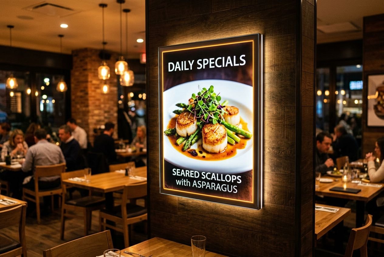 Affiche lumineuse “Daily Specials” encadrée sur un mur dans un restaurant animé, table et ambiance chaleureuse en arrière-plan. Impression grand format matériaux disponibles intégrée.