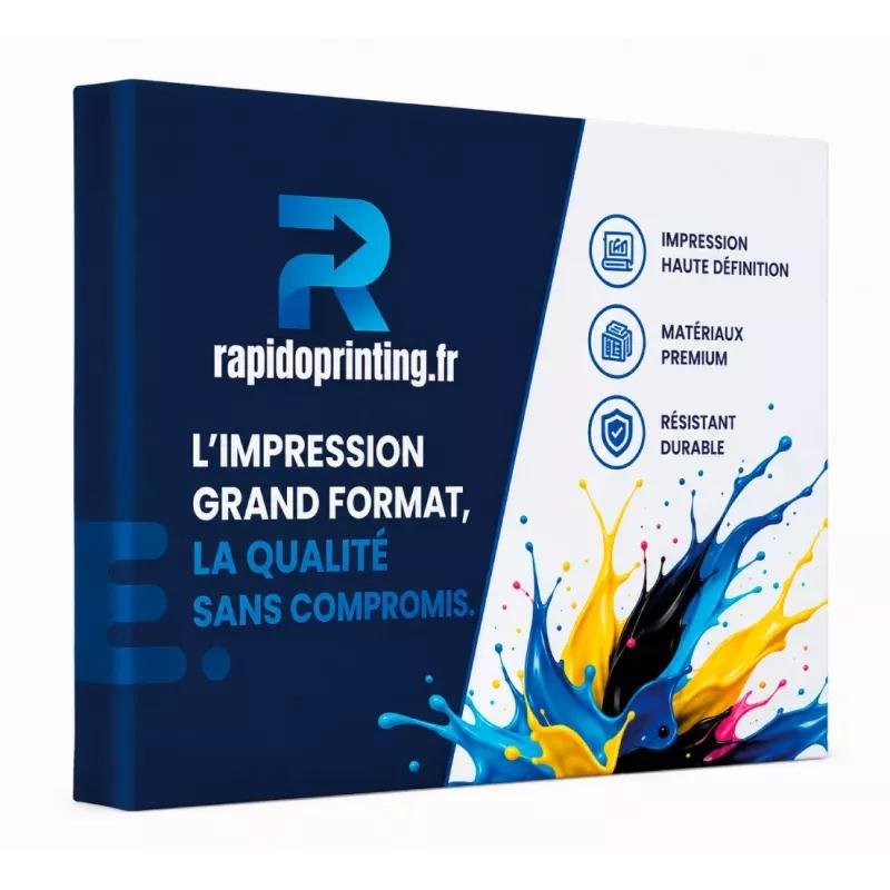 Album promotionnel affichant le logo rapidoprinting.fr, avec texte “L’impression grand format, la qualité sans compromis” et jets de couleur en bas à droite.
