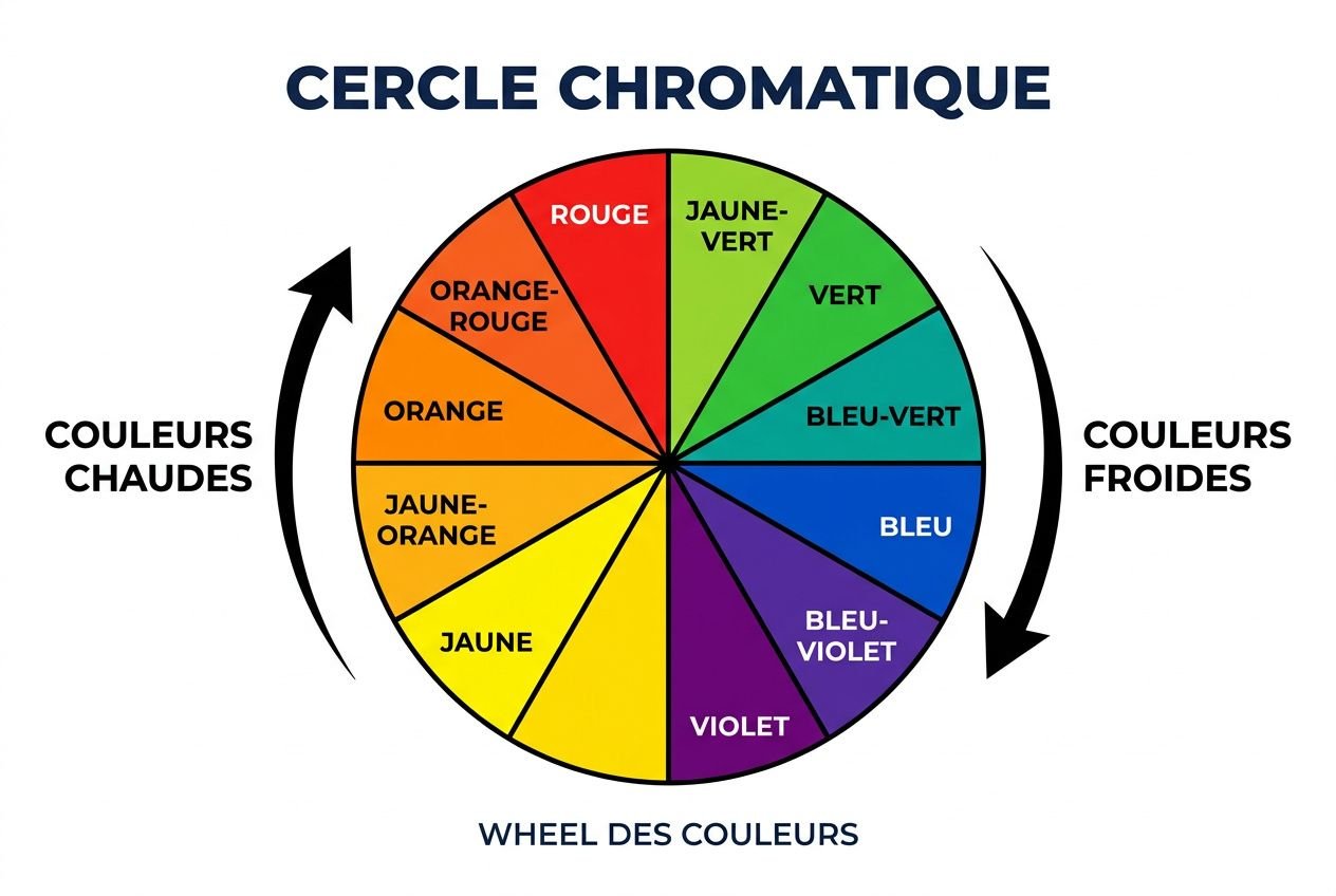 Cercle chromatique affichant les couleurs chaudes et froides et leur répartition selon le Wheel des couleurs. signification couleurs intégrée.