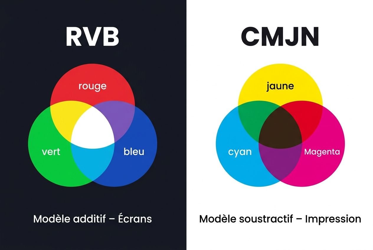 Comparatif CMJN et RVB: diagramme CMJN montrant les cercles cyan, magenta, jaune et noir en impression, à côté du modèle RVB. fichier CMJN pour impression