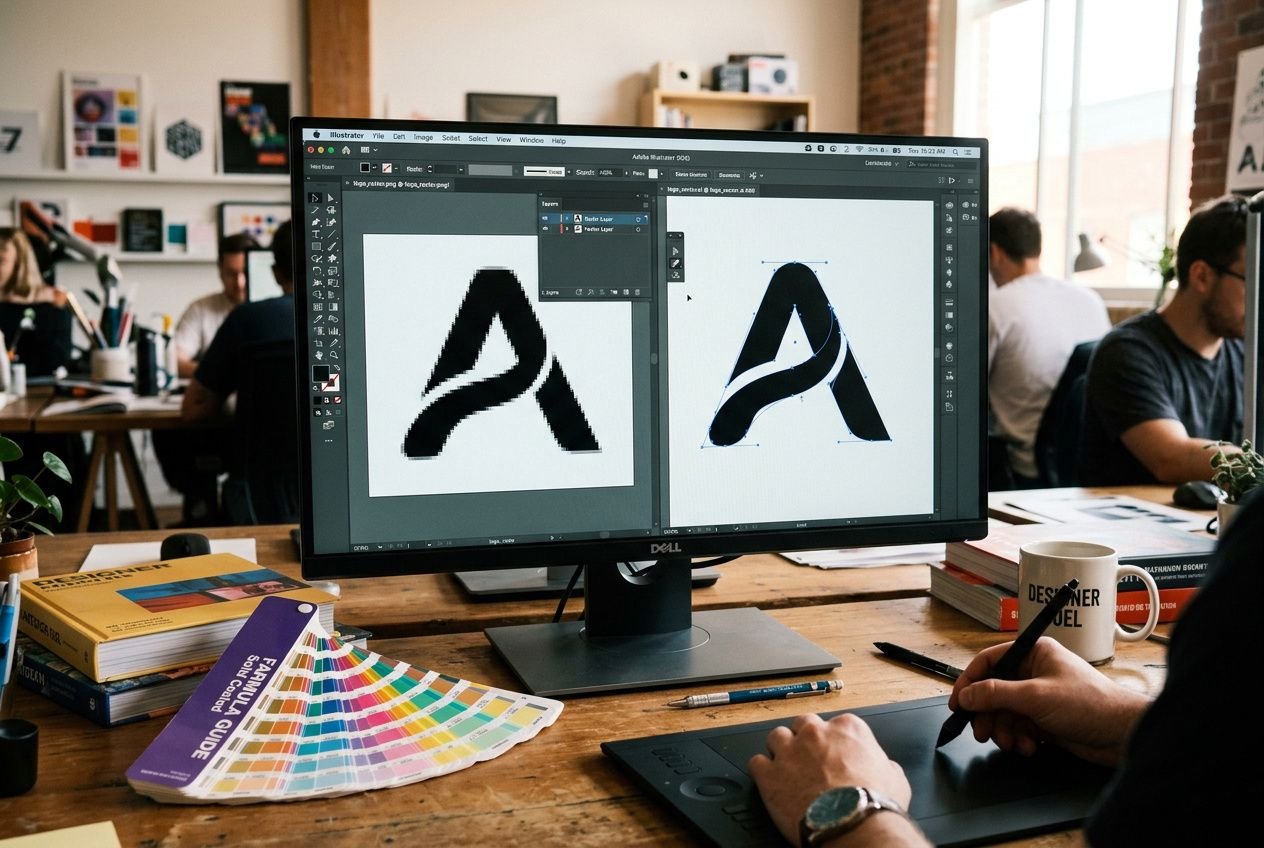 Deux écrans affichant un logo vectoriel noir sur fond clair, utilisateur travaillant sur une tablette graphique dans un studio créatif avec palettes de couleurs et livres à proximité. la vectorisation des logos et des polices pour l'impression.