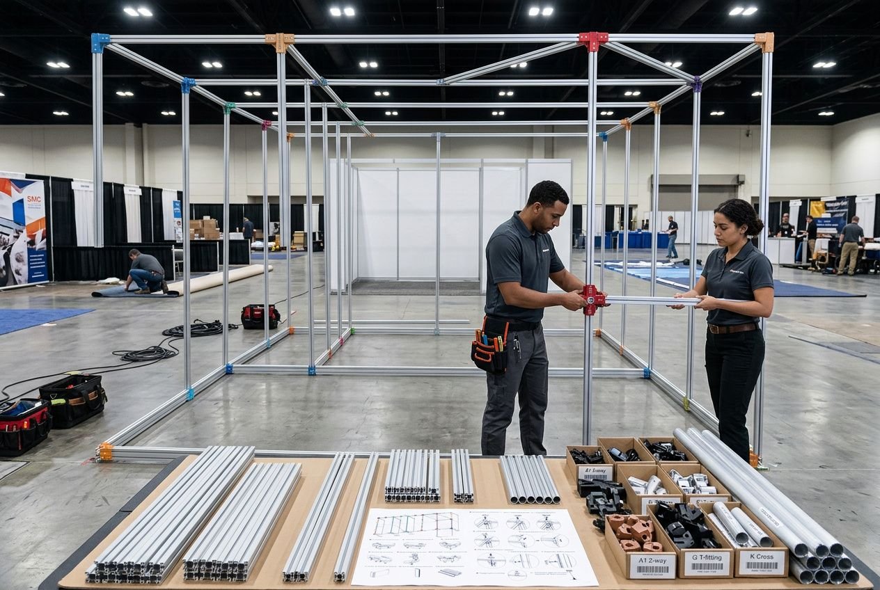Deux travailleurs montent une structure de stand métallique dans une grande salle d’exposition; au premier plan, des tubes et accessoires posés sur une table prête à être assemblée, le tout dans une ambiance économique et modulable pour aménager stand salon avec petit budget.