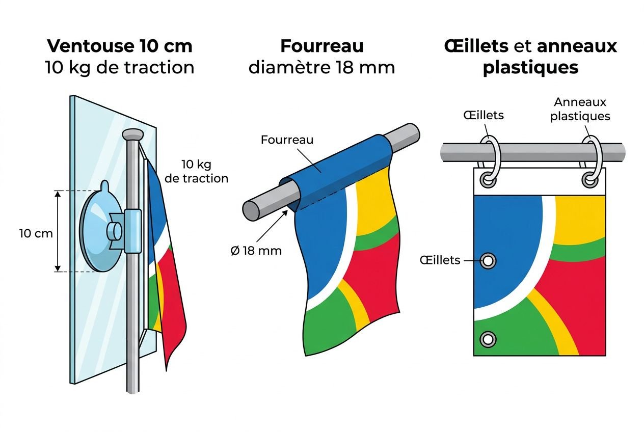 Drapeau de vitrine coloré accroché sur support mural avec ventouse et fixations, détails des éléments: soufflet, œillet et anneaux plastiques. comment choisir un drapeau de vitrine.