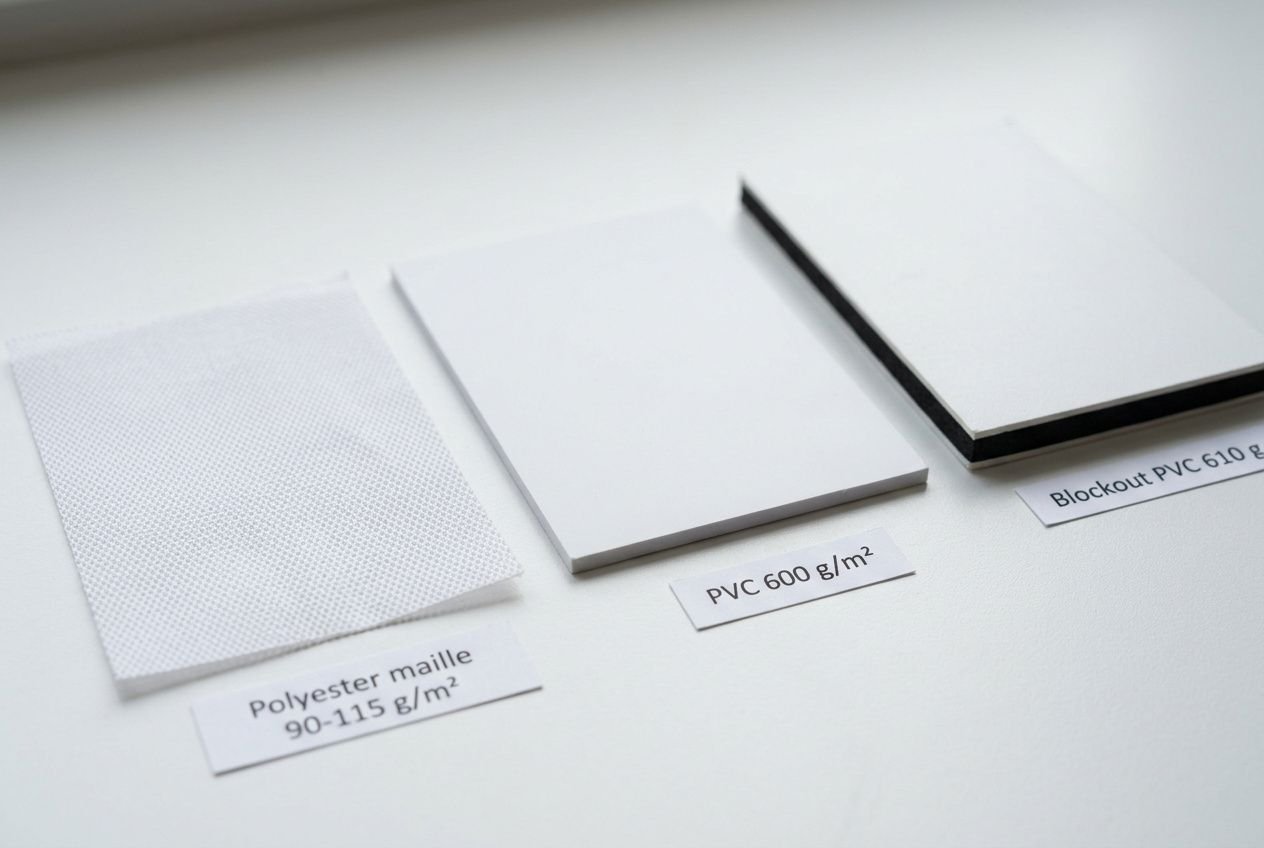 Échantillons de matériaux pour drapeau de vitrine: textile polyeser, PVC et bloc-PLA, avec étiquettes indiquant les grammages et textures. Inclut "comment choisir un drapeau de vitrine" intégré naturellement.