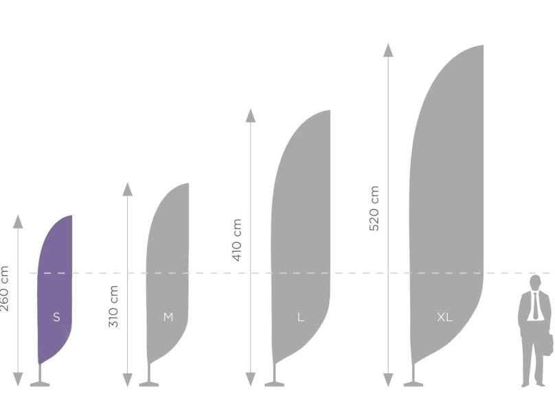 Illustration montrant différentes tailles de beach flag montage (S, M, L, XL) avec les hauteurs: 260 cm, 310 cm, 410 cm et 520 cm et un utilisateur pour l’échelle.