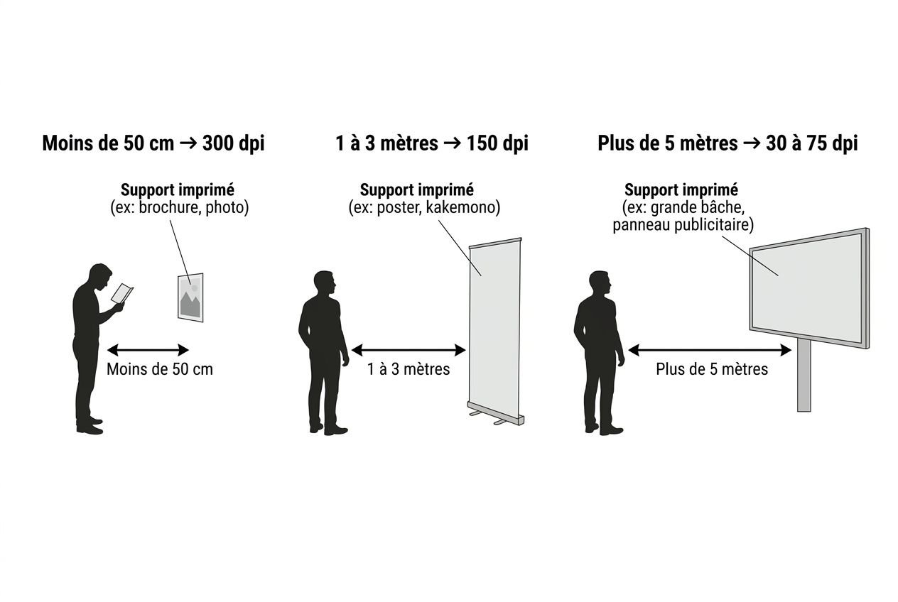 Illustration montrant trois cas de distance et dpi pour impression grand format: moins de 50 cm à 300 dpi, 1 à 3 mètres à 150 dpi, plus de 5 mètres à 30–75 dpi.
