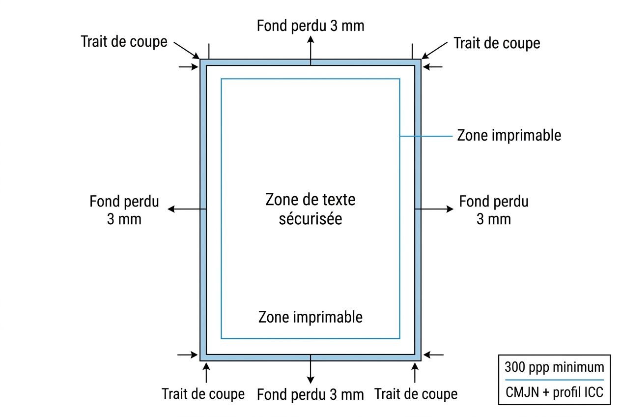 Illustration technique: schéma de marge et zone d’impression avec fond perdu 3 mm et zone texte sécurisée pour fichier CMJN pour impression.
