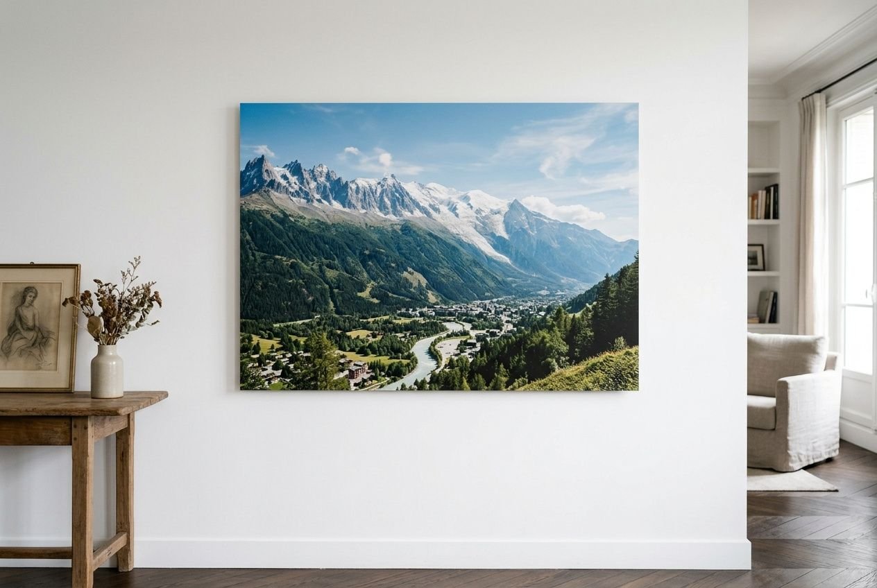 Impression dibond sur mesure extérieur: paysage montagneux affiché en grand format sur un mur intérieur moderne.