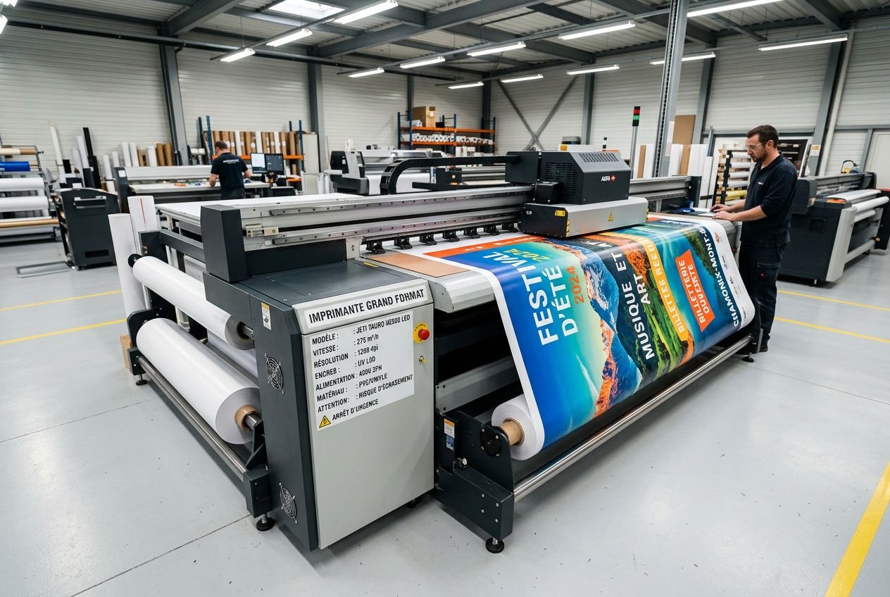 Impression grand format sur machine d’atelier, affiches colorées en cours d’impression et opérateur à côté, ambiance industrielle. intègre: quelle qualité d'image pour une impression grand format