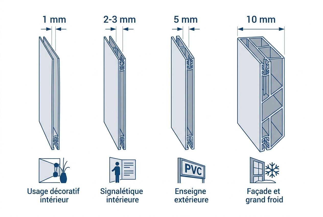 Impression grand format pvc: panneau PVC expansé rigide avec épaisseur 1 à 10 mm et usages intérieurs, signalétique et façades froides.