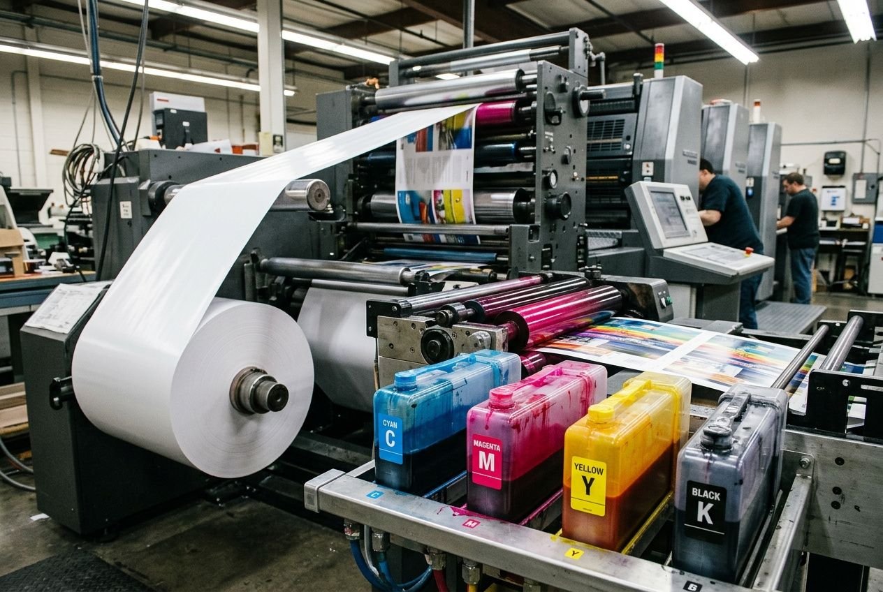 Impression offset en cours: machine à tambours avec papier blanc, réservoirs CMJN et filigranes colorés prêts pour un fichier CMJN pour impression.