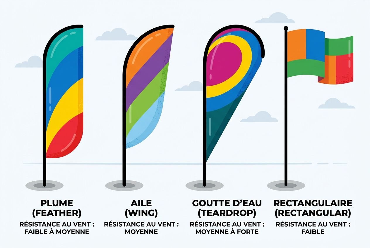 Quatre drapeaux publicitaires sur pied colorés représentant plume, aile, goutte d’eau et drapeau rectangulaire dans un paysage minimaliste.