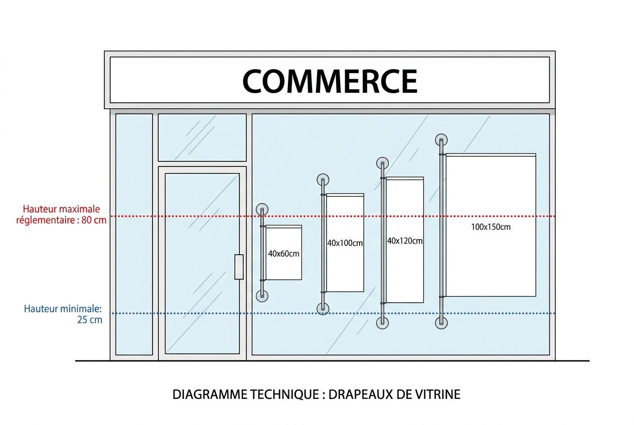 Schéma technique montrant des drapeaux de vitrine fixés sur une façade commerciale : différents formats (40x60 cm, 40x100 cm, 40x120 cm et 100x150 cm) avec guides de hauteur maximale (80 cm) et minimale (25 cm) et solutions de fixation murale. Inclut le titre “COMMERCE” et mentions de dimensions. Inclure le mot-clé de manière naturelle: comment choisir un drapeau de vitrine.