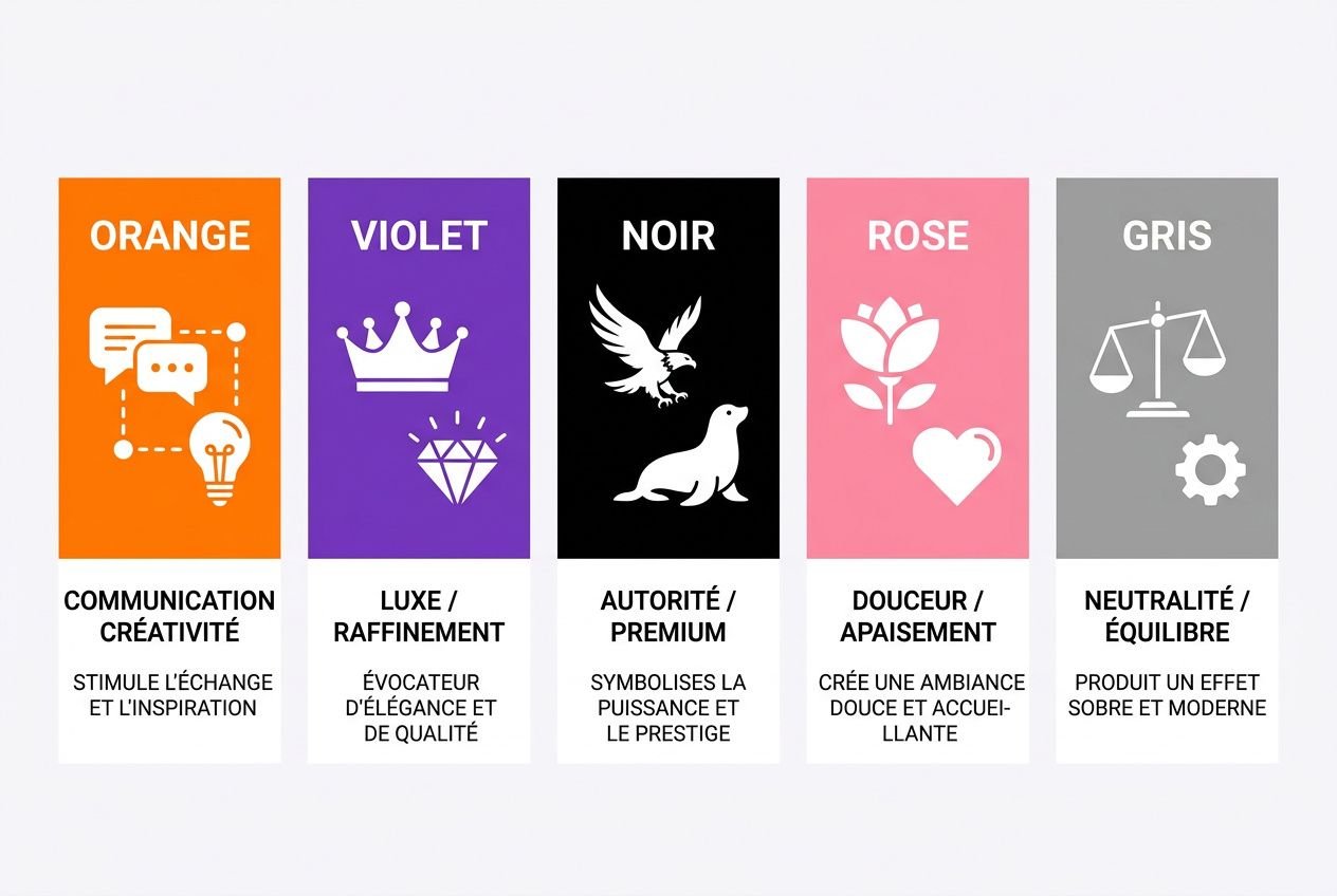 Signification couleurs : affiches verticales orange, violet, noir, rose et gris avec icônes et intitulés; communication, luxe, autorité, douceur et neutralité.