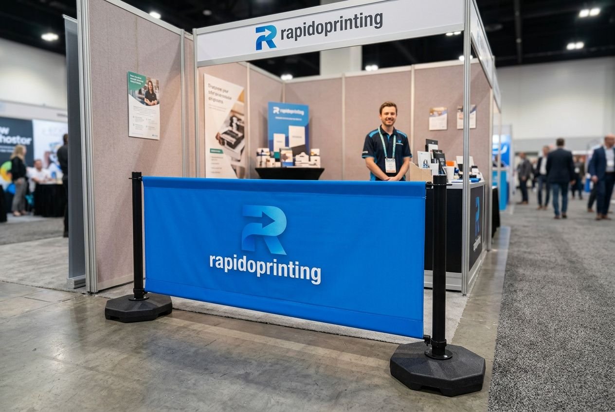 Stand d’exposition au salon avec paravanes et entourage, bannière bleue affichant "rapidoprinting" et vendeur en arrière-plan. aménager stand salon avec petit budget intégré naturellement.