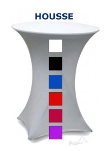 Table haute noire et blanche recouverte de housse, décorée de taches colorées en dégradé (noir à violet).